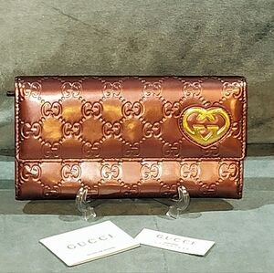 GUCCI SHINE GUCCISSIMA LOVELY HEART PLUM PATENT LEATHER CONTINENTAL LONG WALLET